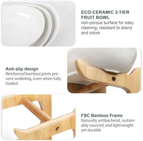 SEVEN SPARTA Fruit Bowl for Kitchen Counter - 3 Tier Ceramic Serving Bowls with Bamboo Stand, Tiered Fruit Basket for Fruit Vegetable Storage, Cake, Dessert, Nuts, Snack, Salad (Dishwasher safe) - Image 4
