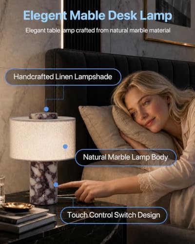 Marble Table Lamp with Battery: Black Linen Shade, Touch Control - Image 4