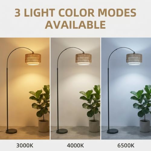 Arc Floor Lamp for Living Room with 12W Bulb,61.5"-72.4" Height Adjustable Rattan Floor Lamps with 3 Color Temps, Farmhouse Arched Standing Lamp,Boho Floor Lamp, Arched Floor Lamps for Bedroom, Office - Image 2