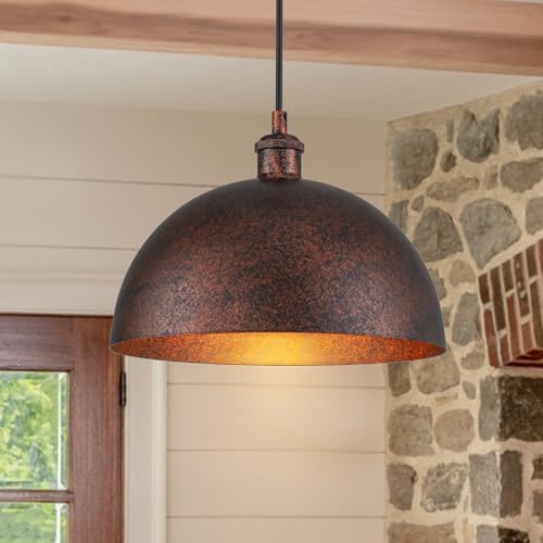 Lingkai 11.8” Industrial Metal Dome Pendant Light, Rust Industrial Pendant Lights for Kitchen Island, Dimmable Hanging Light Fixtures Compatible for Kitchen Island, Dining Room by Lingkai