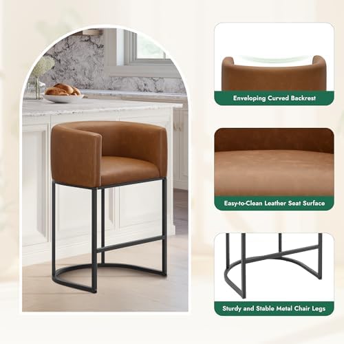 Counter Height Bar Stools Set of 4, Modern Counter Stools for Dining Room, 24 Inch Barstools for Kitchen Island, Faux Leather Bar Stool with Metal Legs and Back Footrest, Brown - Image 3