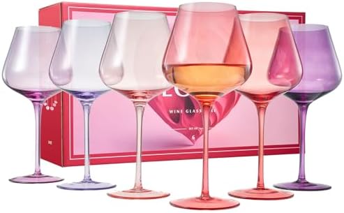 Colors of Love Pink & Red Valentines Crystal Wine Glasses Set of 6 – Elegant Italian Style Tall Stemmed 24oz Glassware Valentine’s Day, Romantic Dinners, Anniversaries, Weddings Gifts, Wife Girlfriend by Khen