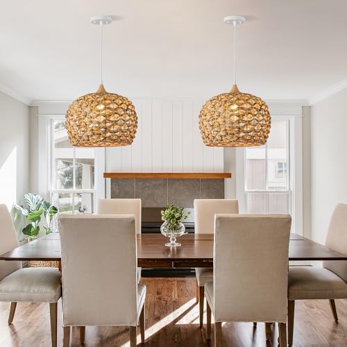 Boho Pendant Lights, 15.7" 1-Light Rattan Chandelier Hand-Woven Wicker Pendant Light with Water Hyacinth Shade, Coastal Dome Hanging Light for Dining Room Kitchen Island - Image 4