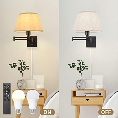 TRLIFE Wall Sconce Plug in, Remote Control Dimming 10-100% and Adjustable Color Temperature 2700K-6500K Swing Arm Wall Lights with Plug in Cord, 11.8" Large Beige Fabric Shade(2 Pack, 2 Bulbs) - Image 6
