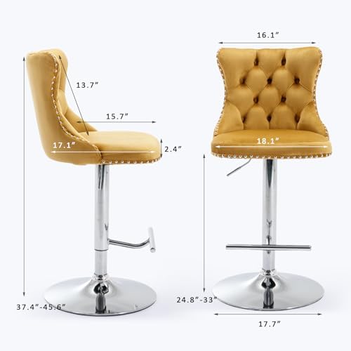 SoarFlash Velvet Bar Stool Set of 4, Adjustable Swivel Bar Stools with Silver Plated Metal Leg, Button Tufted, Footrest, Chrome Nailhead, Counter Height Chair for Kitchen, Bar, Dining Room (Gold) - Image 2