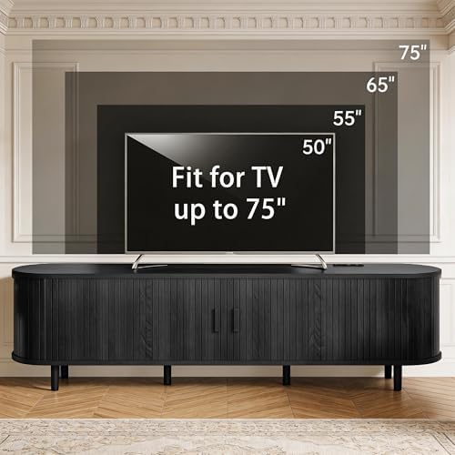 MXV 70" TV Stand with Sliding Doors for Living Room, Mid Century Modern Entertainment Center, TV Console with Fluted Door Cabinets and Power Outlet, Black - Image 6
