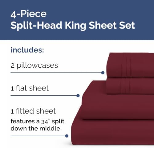 Flex Top Split Head King 4 Piece Sheet Set - Soft & Breathable - Burgundy - Image 3