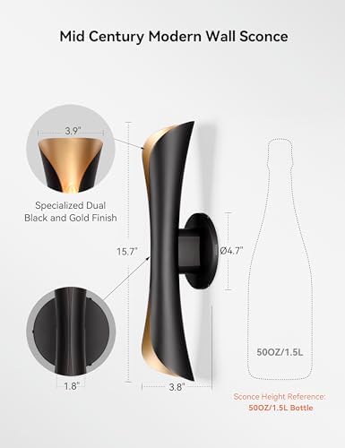 Tubicen Wall Sconce, Modern Dimmable Hardwired Wall Light Black&Gold 15.7" - Image 5