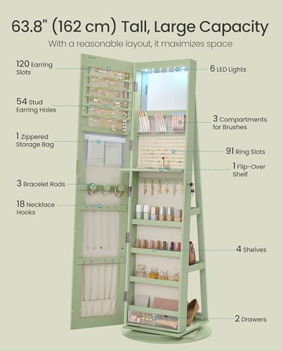 SONGMICS 6 LEDs Mirror Jewelry Cabinet Organizer, 360° Swivel, Lockable - Image 6