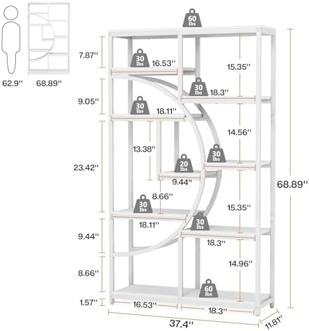 Tribesigns Industrial Bookshelf Bookcase with 9 Open Shelf (White) - Image 2