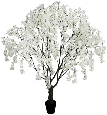 Artificial White Cherry Blossom Tree, 7 Ft Tall Indoor Faux Plant with Cascading Branches, Potted Decorative Tree for Home, Office, Living Room, Patio by AfanD