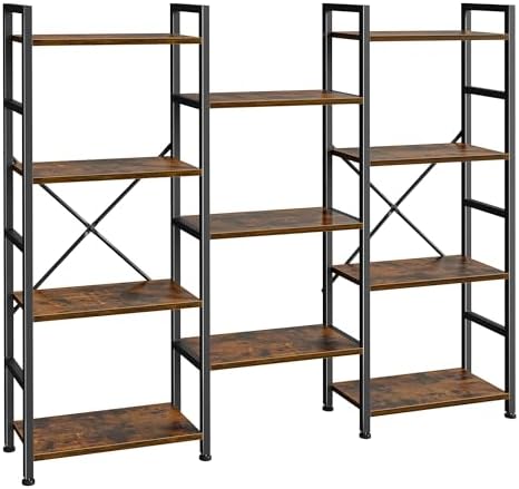 SUPERJARE Triple Bookshelf, Bookcase with 11 Open Display Shelves, Wide Book Shelf Book Case for Home & Office, 4 Tier, Brown by SUPERJARE