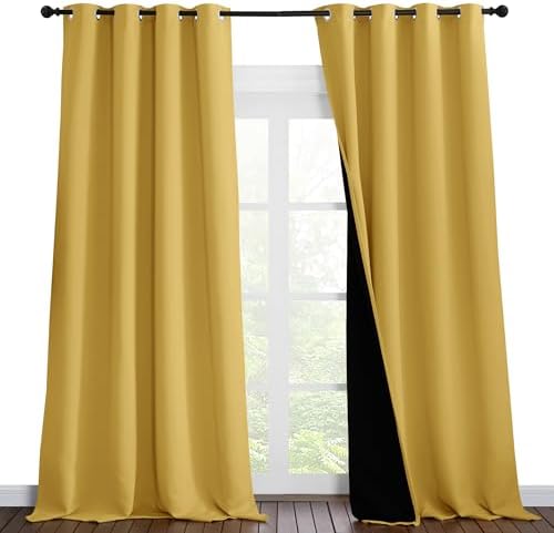 NICETOWN Full Shading Curtains 90 inches Long 2 Panels Set for Windows, Super Heavy-Duty Black Lined Blackout Curtains for Bedroom, Privacy Assured Window Treatment (Bright Yellow, Pack of 2, 52" W) by NICETOWN
