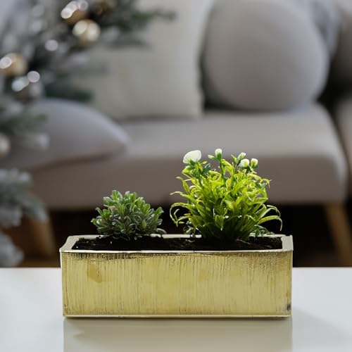 WGVI Long Rectangle Ceramic Planter Vase in Gold Etched 14" x 4" x 4"H, Rectangular Box Block Terrarium Pot, Flower Arrangement, Tabletop Centerpiece, Home Decor Organization Container, 4 Pcs. - Image 7