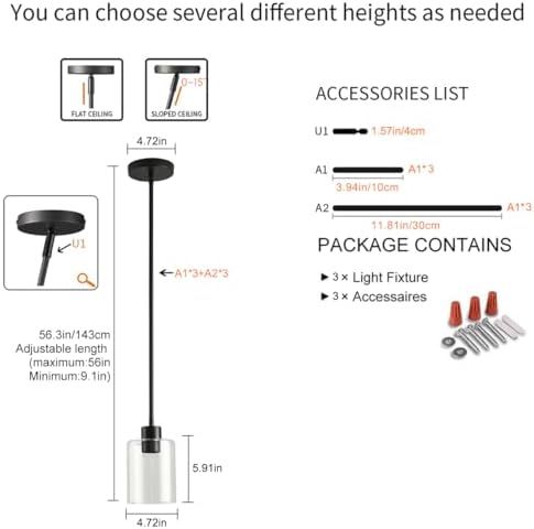3 Pack Black Pendant Lights Kitchen Island, Modern Industrial Matte Black Hanging Light Fixtures, Adjustable Downrod Farmhouse Glass Pendant Lighting for Dining Room Bedroom Hallway Entryway - Image 4