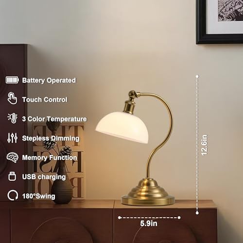 Cordless Table Lamp, Battery Operated Vintage Desk Light, Brass & White - Image 2