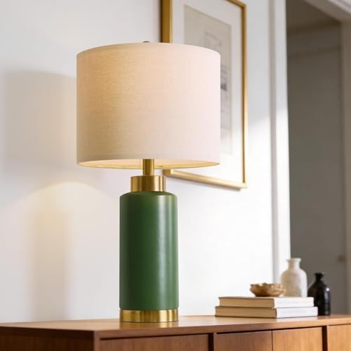 USumkky 25" Green Ceramic Table Lamp Set of 2, Modern Mid-Century Bedside Nightstand Lamps for Bedroom Living Room, Linen Shade & Gold Metal Base, Rotary Switch E26 (Bulbs Excluded) - Image 3