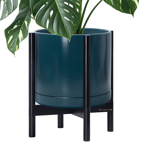 D'vine Dev Ceramic Pot with Ebony Wood Stand, Teal, 14 in, 55-B-S-4 by DvineDevPlanterPotsandStand