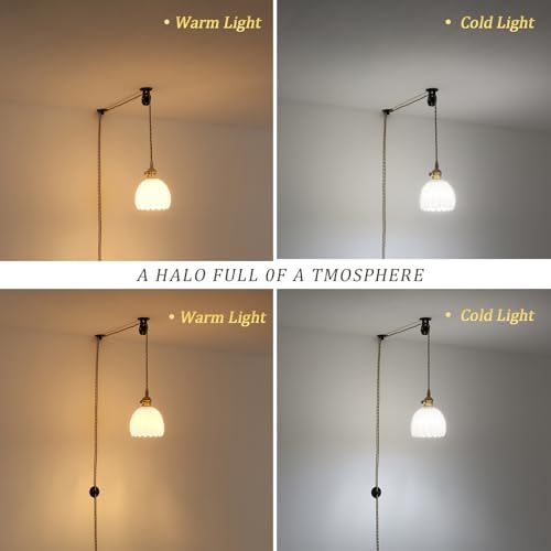 Shenmoyl Plug in Pendant Light Hanging Light Fixture Corded On/Off Switch Brass Pendant Light with White Tulip Glass Lampshade for Bedroom Living Room Kitchen Island - Image 4