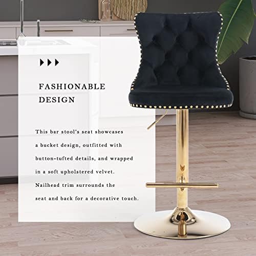SoarFlash Velvet Bar Stool Set of 2, Adjustable Swivel Bar Stools with Gold Plated Metal Leg, Button Tufted, Footrest, Chrome Nailhead, Counter Height Chair for Kitchen, Bar, Dining Room (Black) - Image 6