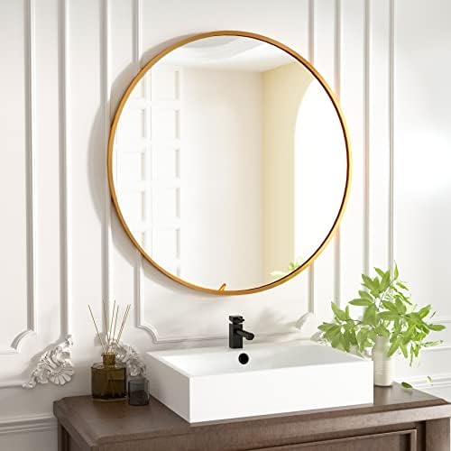 HARRITPURE Round Mirror 35.4" Gold Wall Mounted Circle Mirror with Aluminum Alloy Frame Modern Design for Bathroom, Living Room, Vanity, Bedroom, Entryway - Image 2
