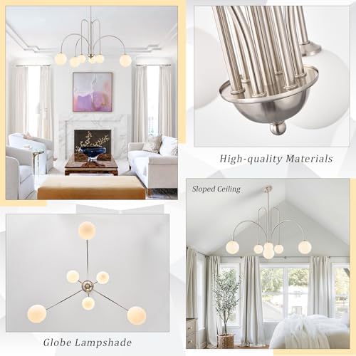 CATINER Modern 40" 6-Light Nickel Sputnik Chandelier with Milk Glass Globe - Image 4