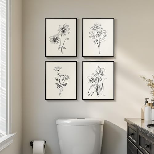 Framed Black and White Minimalist Floral Bathroom Wall Art, 4 Piece 8x10 In by Cuspin