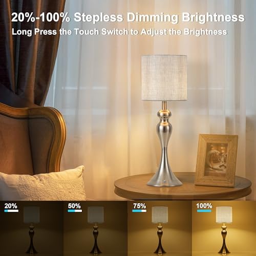 Cordless Table Lamp Rechargeable, Battery Fabric Bedside Touch Light Nickel - Image 5