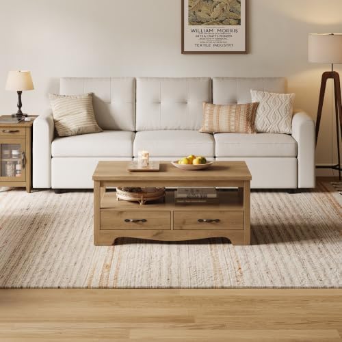 LINSY HOME Farmhouse Coffee Table with Storage, Wood Coffee Table for Living Room, Open Display Area and Storage Drawers with Metal Handles, Chic Style with Curved Base, Natural Oak - Image 3