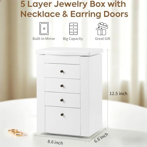Meangood Jewelry Box Jewelry Organizer, 5-Layer Wooden Jewelry Organizers and Storage Boxes for Women Girls, Ring Earring Bracelet Necklace Holder Organizer with Mirror & Drawers (White) - Image 2