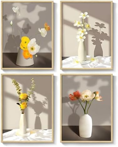 Framed Botanical Floral Wall Art, 4 Piece Yellow Flower Canvas Painting Prints Artwork for Walls, Modern Elegant Pictures for Living Room Bedroom Kitchen Hallway Dining Room Home Decor, 12x16 Inch by Cuspin