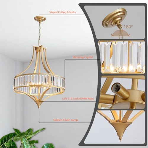 21.6" Gold Crystal Chandeliers Modern Vintage Chandelier with Round Metal Shade Art Deco 6-Light Large Dining Room Light Fixture for Kitchen, Dining Room, Hallway, Bedroom, Foyer - Image 5