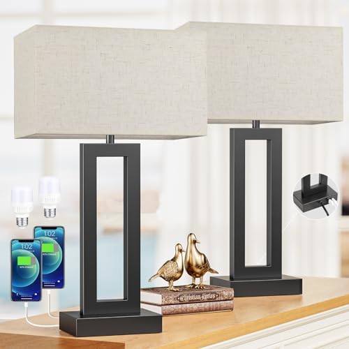 Seealle 22" Tall Living Room Lamps for Night Stands - Touch Bedside Lamp with USB C+A, 3 Way Dimmable Bedroom Lamps for End Tables Set of 2, Modern Night Stand Lamps for Bed Side(Cream&Black) by SeealleLighting