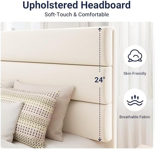 Allewie Queen Size Platform Bed Frame with Velvet Upholstered Headboard and Wooden Slats Support, Fully Upholstered Mattress Foundation/No Box Spring Needed/Easy Assembly, Cream - Image 4