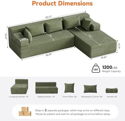 MONVANE 106" L-Shaped Modular Sectional Sofa, Green - Image 3