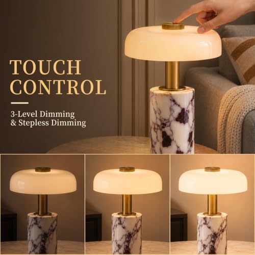 Marble Lamp,Cordless Table Lamp with Glass Shade,Rechargeable Touch Dimming - Image 5