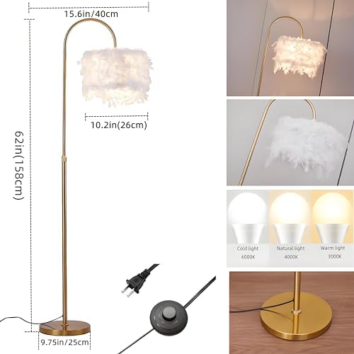 Arc Feather Floor Lamp, Gold Modern LED Feather Standing Lamp, Natural Feather Decorative Tall Lamp with Foot Switch, Brass/Gold Finish, for Living Room Bedroom Office Shop Window - Image 4