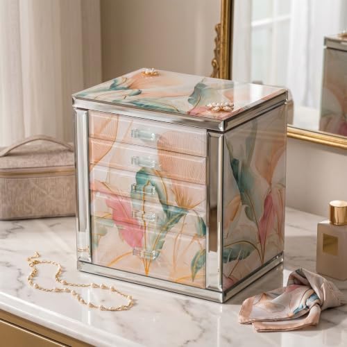 High End Glass Jewelry Box for Women, 5 Layer, Pink Floral - Image 2