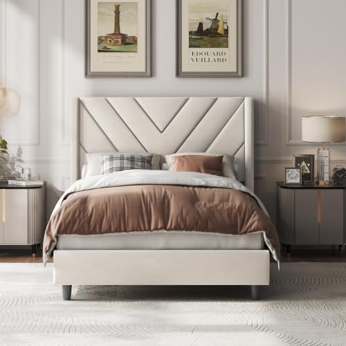 Yaheetech Twin Bed Frame with Chevron Channel-Tufted Headboard, Beige by Yaheetech