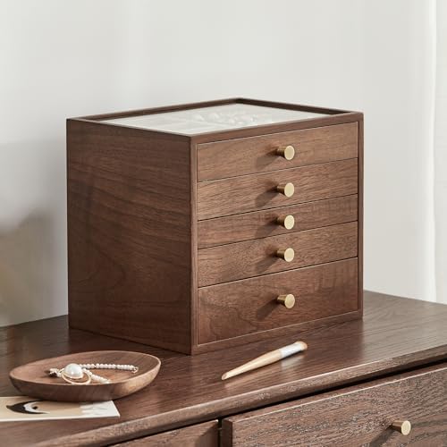 CHOSIN Black Walnut Wooden Jewelry Box Women large 5 Level Drawer Organizer Box with Glass Lid for Necklaces Watch Necklace Ring Earring Storage, Ideal Gift for Her - Image 6