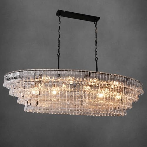 Large 65 Inch Black Rectangular Chandelier for Dining Room Modern, Clear Glass Drum Pendant Light, Extra Long Kitchen Island Lighting by Unknown