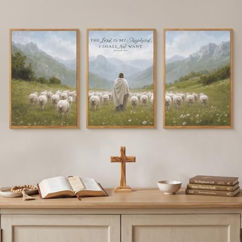 LHIUEM Large Christian Bible Verse Framed Canvas Wall Art,Jesus with Lamb Wall Decor,Vintage Religious Art Prints,Faith Scripture Landscape Artwork for Living Room,Prayer Room,Church -16"x24"x3 - Image 4