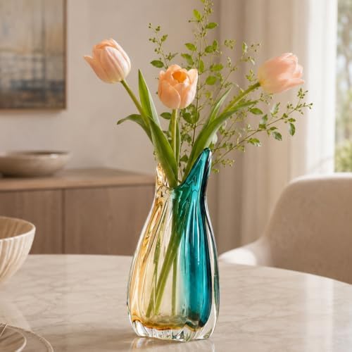 Hand Blown Teal Amber Colorblock Glass Vase, Modern Home Table Centerpiece - Image 3