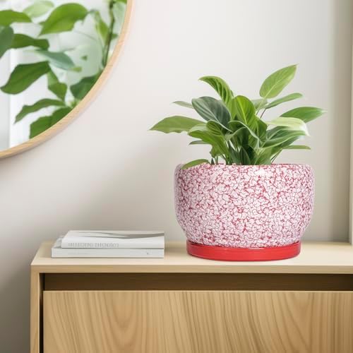 SQOWL Ceramic Planters for Indoor Plants - 10 Inch Flower Pots with Drainage Hole and Saucer, Decorative Ceramic Plant Pots, Round Large Planter Outdoor, Room Decor, Housewarming Gifts, Red and White - Image 7