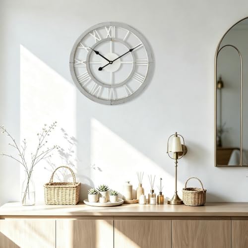 16 Inch Rustic Wall Clock Silent Non-Ticking Wooden Wall Clocks with Roman Numerals Farmhouse Decorative Clock for Living Room Bedroom Office (Grey) - Image 2