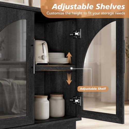 Fatmok Arched Glass Sideboard Buffet Accent Cabinet, 31.5" Display Credenza with Adjustable Shelf,4-Piece Modular Coffee Station Storage for Kitchen Living Room Bedroom, Black Grey - Image 5