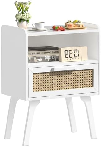 Lerliuo Rattan Nightstand, Bedside Table with Drawer Open Shelf by Lerliuo