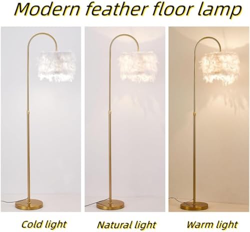 Arc Feather Floor Lamp, Gold Modern LED Feather Standing Lamp, Natural Feather Decorative Tall Lamp with Foot Switch, Brass/Gold Finish, for Living Room Bedroom Office Shop Window - Image 5