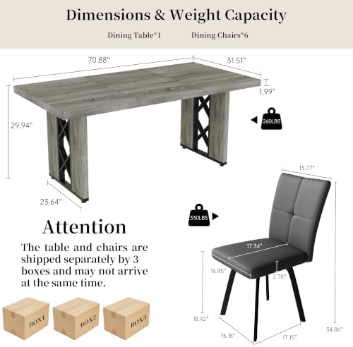 HIPIHOM 7-Piece Dining Table Set for 6, Grey Table with 6 Grey Chairs - Image 2
