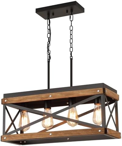 Rustic Farmhouse Wood Kitchen Island Lighting, 4 Lights Rectangular Pendant Light Fixture, Adjustable Chain Oak Wood and Metal Linear Chandelier for Dining Room Kitchen Island Farmhouse, Black by Unknown